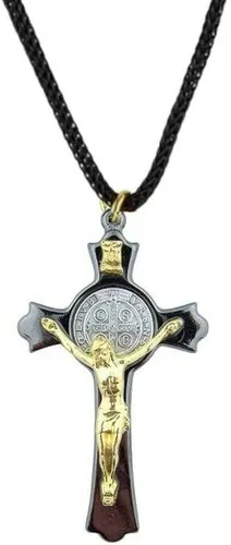Vista 3 de The Christian World - Colgante de crucifijo de San Benito en tono plateado y collar con cordón 3 pulgadas Vbn-fh-1259