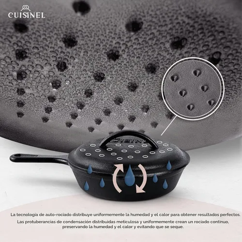 Vista 4 de Cuisinel Sartén de hierro fundido con tapa, juego de sartén cubierta pre-sazonada de 8 pulgadas + mango de silicona y soportes de tapa +
