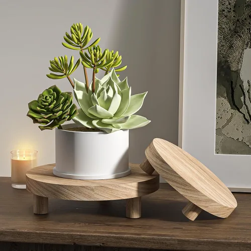 Vista 9 de 3 Piezas Soporte de Madera para Plantas Interior Exterior, Elevador Redondo de Madera para Decoración 6/8/10" Taburete de Madera Soporte