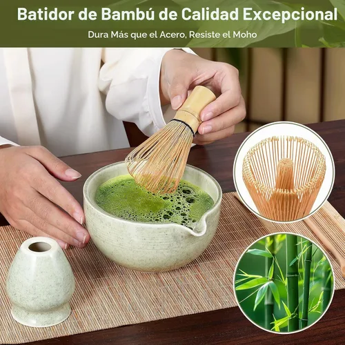 Vista 3 de Juego de 10 batidores de matcha, kit tradicional japonés de matcha con batidor de bambú, cuenco de cerámica para matcha con boquilla de vertido, kit