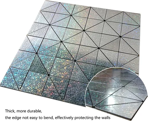 Vista 4 de XUANINY Azulejos contra salpicaduras para despegar y pegar, con superficie de aluminio triangular arcoíris, calcomanía de mosaico de metal