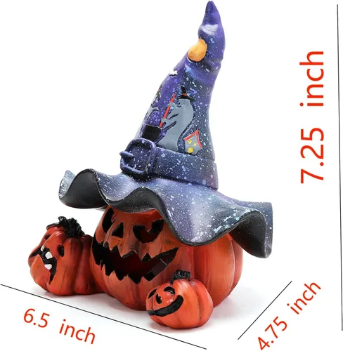 Vista 2 de Hodao Decoraciones de calabaza de Halloween con luz, sombrero de bruja hecho a mano, adornos de calabaza para decoración de Halloween, decoración