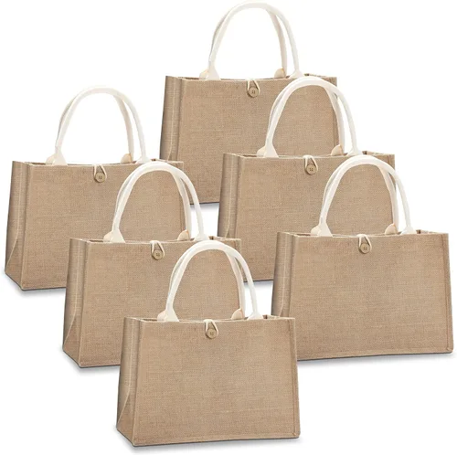 Vista 9 de Bolsas de viaje de yute, juego de 10 bolsas de arpillera, medianas de 14.5 x 6.7 x 10.2 pulgadas, bolsa reutilizable para fiestas, bodas, playa
