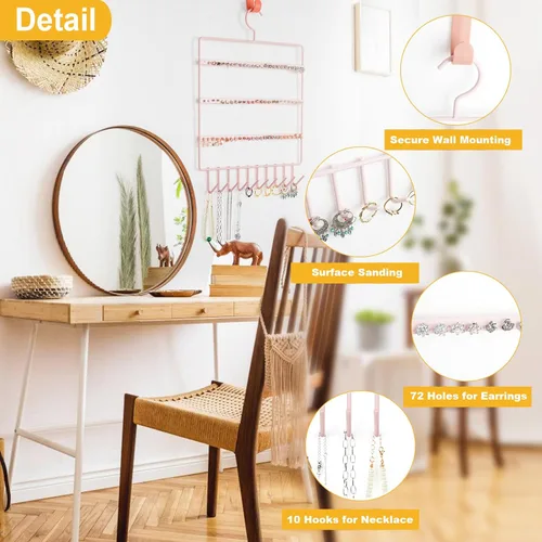 Vista 3 de Soporte organizador de joyas colgante, organizador de collar y aretes con 72 agujeros y 10 ganchos, hecho de hierro, adecuado para joyas, decoración