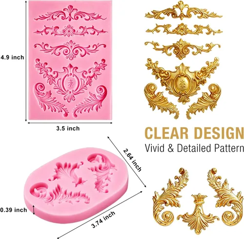 Vista 4 de Moldes de silicona para fondant, paquete de 3 moldes de fondant barrocos 3D, bordes de desplazamiento, moldes de silicona de encaje para curvas