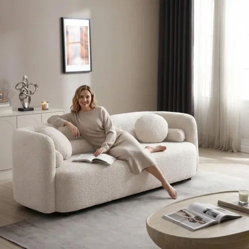 Vista 11 de Sofá curvado compacto de 69 pulgadas para espacios pequeños y apartamentos, sofá boucle de estilo japonés, sofá minimalista de 2 plazas con marco