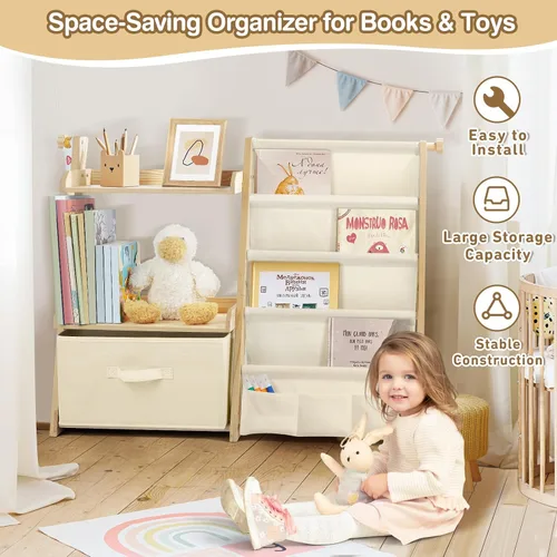 Vista 4 de Estantería infantil y organizador de juguetes 2 en 1, estante para libros para habitaciones de niños con cubo de juguetes móvil, estante de 4 Beige