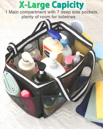 Vista 4 de XL – Organizador de ducha de malla, bolsa de ducha portátil para dormitorio universitario, camping, viaje, gimnasio (negro)