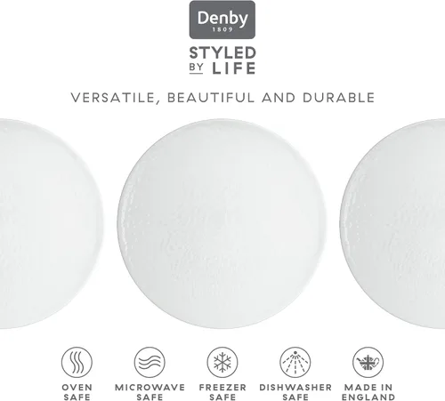 Vista 3 de Denby - Juego de platos llanos blancos tallados de 4 a 10.85 pulgadas - Apto para lavavajillas y microondas - Plato grande de porcelana con textura