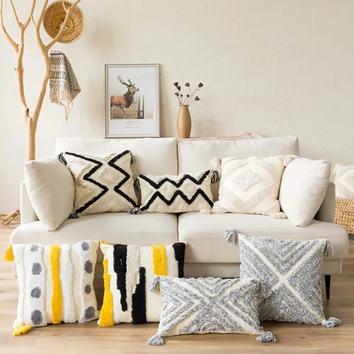 Vista 7 de Funda de almohada tejida estilo bohemio, moderna, decorativa, geométrica, a rayas, cheurón, con borlas, fundas de almohada tribales de granja
