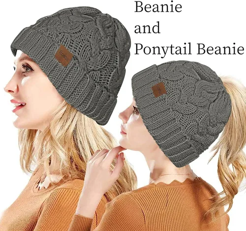 Vista 2 de Rosoz Gorro de cola de caballo para mujer, gorro cálido de invierno, suave, elástico, de punto trenzado, para moño alto