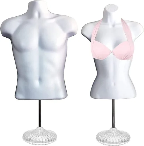 Vista 37 de Maniquí de torso masculino y femenino con soporte de metal, cuerpo con respaldo hueco, apilable, forma de vestido para exhibición de camisetas Negro