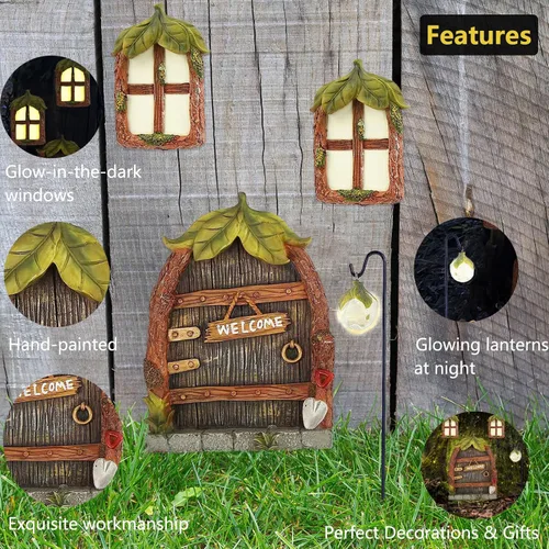 Vista 4 de Accesorios de jardín de hadas en miniatura, puerta y ventanas para árboles, escultura de patio que brilla en la oscuridad, adorno de césped, mini