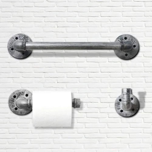 Vista 2 de HouseAid Juego de 3 toallas de tubo industrial, kit de toallero de acero rústico, estilo vintage, accesorios para baño, montaje en pared, plata