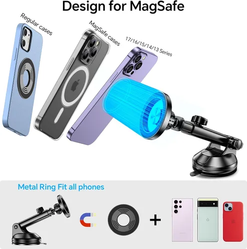 Vista 9 de Coolpow para Soporte de Coche MagSafe【Parabrisas+Ventilación+Tablero】Soporte Magnético de Teléfono para Coche Soporte de Montaje de Teléfono Negro
