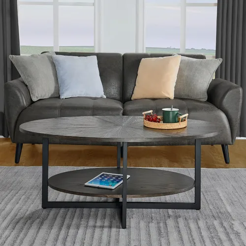 Vista 6 de Mesa auxiliar ovalada de madera con estante de almacenamiento, mesa de 2 niveles, negro y marrón Negro marrón-43.3 pulgadas
