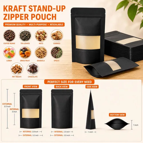 Vista 3 de 100 bolsas de papel kraft negro con ventana, bolsas de pie de 3.5 x 5.5 pulgadas, bolsas de almacenamiento de alimentos para productos de embalaje