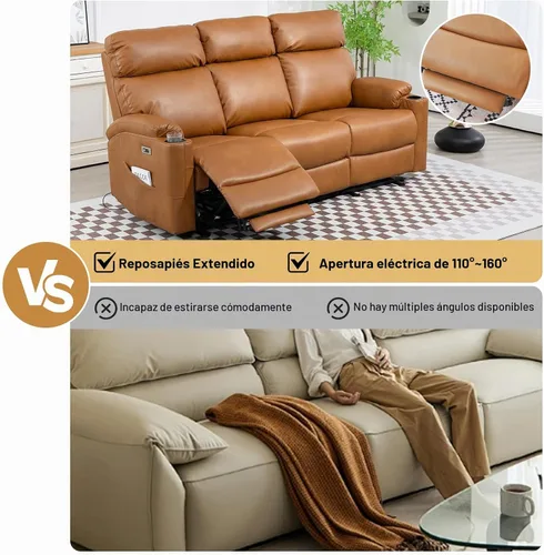 Vista 5 de Sofá reclinable eléctrico – Sofá reclinable de 3 plazas, sofá de piel sintética, asiento de cine en casa con respaldo medio abatible, sofá