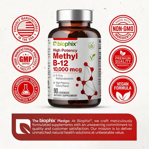Vista 4 de biophix Metil B-12 10000 mcg 90 pastillas veganas sabor cereza extra fuerte - Apoya el sistema nervioso salud inmune metabolismo flujo sanguíneo