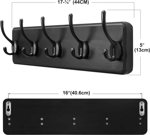 Vista 6 de SKOLOO Perchero rústico montado en la pared, perchero de madera maciza de pino, 5 ganchos para colgar ropa, batas, toallas, abrigos