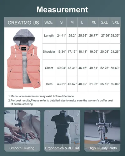 Vista 7 de CREATMO US Chaleco cálido para mujer, chaleco grueso acolchado sin mangas con capucha desmontable