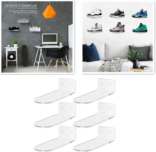 Vista 7 de 6 juegos de estantes flotantes para zapatos de pared, exhibición de zapatos de acrílico transparente para zapatos deportivos extra grueso