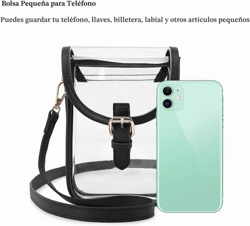 Vista 5 de FAIME Pequeña bolsa transparente aprobada para estadios, bolsa cruzada transparente para teléfono celular con correa ajustable para conciertos Negro