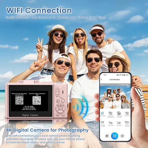Vista 5 de Cámara digital 4K para fotografía, cámara de vlogging de 64MP para YouTube Rosa