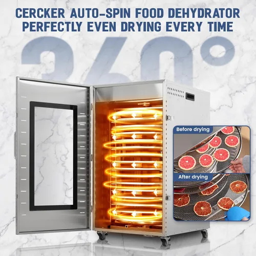 Vista 3 de Máquina deshidratadora comercial de alimentos, 16 bandejas, rotación automática de 360°, deshidratador de frutas de 1500 W, secador de carne seca