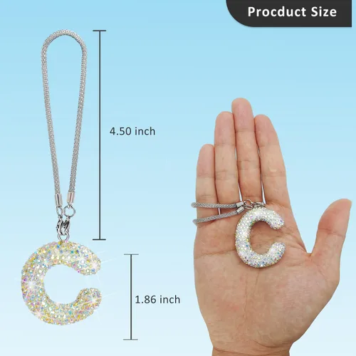 Vista 4 de Colgante de cristal brillante en forma de C, accesorios de automóvil para mujer, accesorios de espejo retrovisor con diamantes de imitación