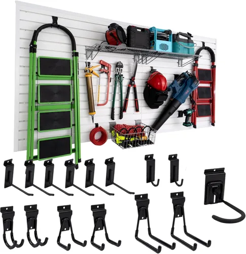 Vista 8 de Panel Slatwall para Garaje - Sistemas de Almacenamiento de Pared Ranurada con 26 Accesorios Slatwall, Paneles de Pared Ranurada de PVC Negro