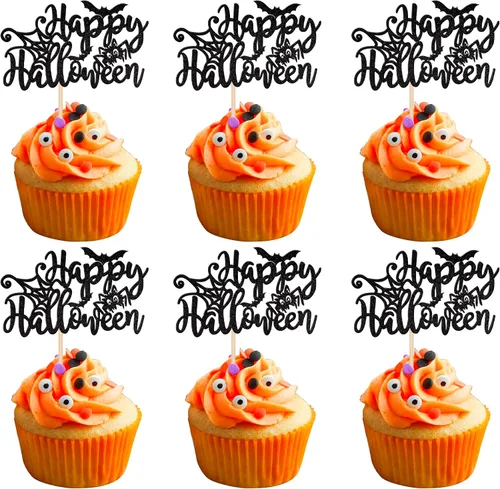 Vista 20 de Paquete de 24 adornos para cupcakes de Halloween con purpurina rosa, fantasma, pequeño abucheo, murciélago, bruja, gato, calabaza, magdalena