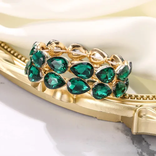 Vista 4 de BriLove Pulsera elástica de cristal elegante de doble fila de lágrima en forma de lágrima para novia