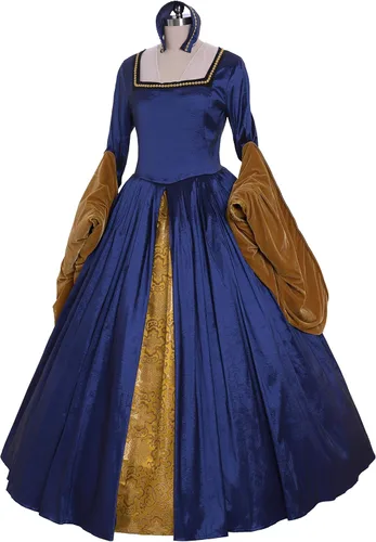 Vista 2 de Fortunehouse Vestido renacentista de la reina victoriana Elizabeth Tudor estilo Ana Bolena, vestido azul para cosplay