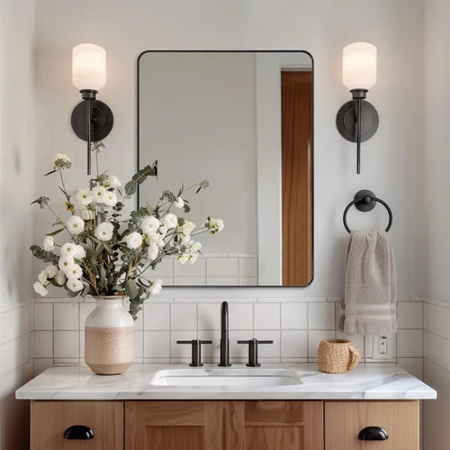 Vista 25 de ANDY STAR Espejo de pared cuadrado para baño, espejo de baño negro mate de 24 x 24 pulgadas, espejo de metal de esquina redondeada en marco de acero