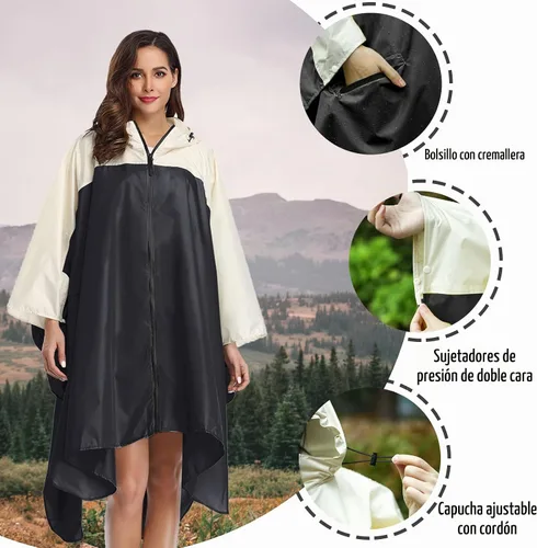 Vista 4 de SaphiRose - Poncho de lluvia unisex impermeable con capucha para mujeres adultas con bolsillos A-negro-blanco