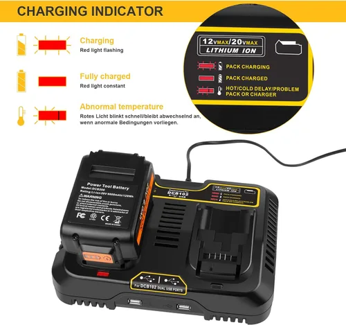 Vista 5 de Futurebatt DCB102 Cargador de repuesto para Dewalt 12V 20V 60V Max Dual Fast Charger Station Cargador de batería DCB203 DCB204 DCB205 DCB206 DCB201