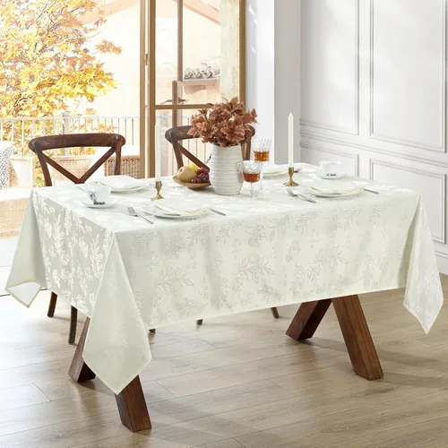 Vista 2 de Elrene Home Fashions Mantel elegante de hojas tejidas jacquard damasco resistente a las arrugas, 60" x 102", oblongo, marfil