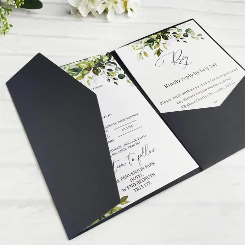 Vista 6 de Tarjeta de invitación negra con bolsillo y sobre para boda, cumpleaños, baby shower, 20 juegos (negro)