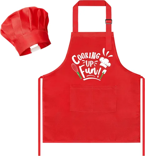 Vista 25 de R HORSE Juego de delantal y sombrero de chef para niños, 2 piezas, mini parrilla ajustable, delantal de cocina para niños, juego de rol, juguete
