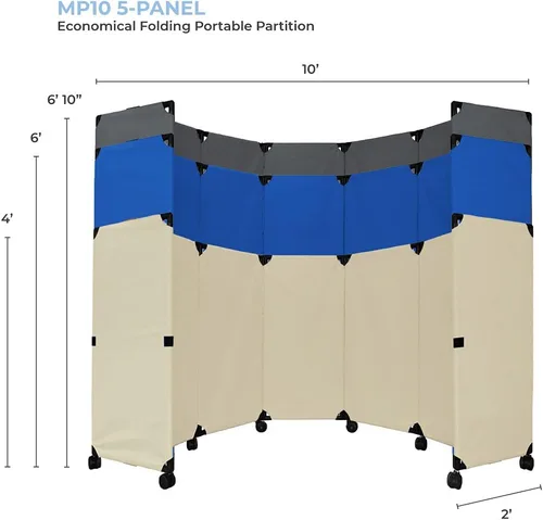 Vista 3 de VERSARE MP10S - Mampara plegable portátil de pared Diseño económico de 5 paneles Separador de habitación portátil con ruedas Configuración