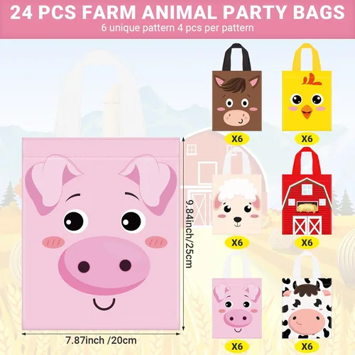 Vista 2 de Sweetude 24 bolsas de recuerdo de fiesta de animales de granja con asa – 9.84 x 7.87 pulgadas bolsas de dulces no tejidas – Bolsa de regalo
