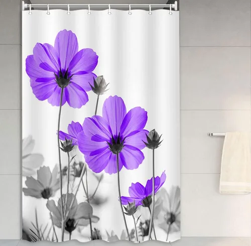Vista 29 de MERCHR Cortina única floral azul para decoración de baño, cortina de ducha estilo granja con flores de margarita azul y gris elegantes y diseño