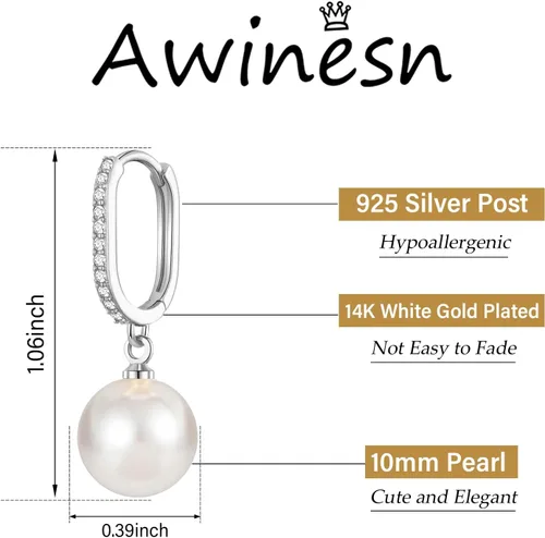Vista 5 de Awinesn Aretes de perlas de oro para mujeres y niñas, chapados en oro real de 14 quilates, aretes de gota de perlas delicados con circonita cúbica