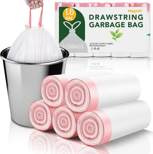 Vista 10 de Magesh - Bolsas de basura de 1.2 galones con cordón para baño, 125 unidades, mini bolsa de basura pequeña, sin perfume, de plástico grueso y fuerte