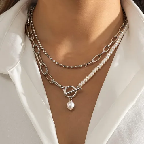 Vista 2 de Bethynas Dainty Vintage Layered Baroque Pearl OT Clasp Necklace Stacking Beaded Ball Chain Paperclip Pearl Chain Retro Necklace for Women Girls