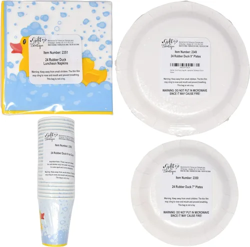 Vista 8 de Gift Boutique 96 piezas de suministros de fiesta de patos de goma, platos de papel, servilleta para patos amarillos, pato, baño de burbujas, pijama