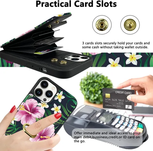 Vista 4 de Funda compatible con iPhone 13 Pro Max con tarjetero y rotación de 360°, soporte de anillo de dedo con función atril, bloqueo RFID, piel sintética