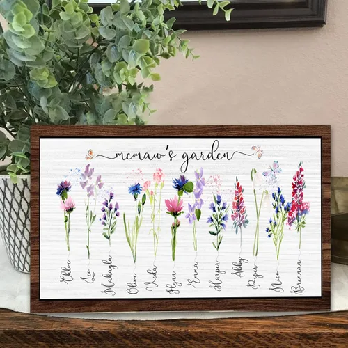 Vista 26 de Nazenti Letrero personalizado con marco de jardín de la abuela con nombres de nietos y flor de nacimiento para regalo del día de la madre, regalos