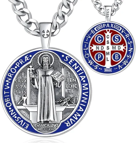 Vista 10 de Vito Collar de plata de ley 925 para mujeres y hombres, San Benito, crucifijo, Caravaca, San Cristóbal, San Judas, medalla patronal, amuleto